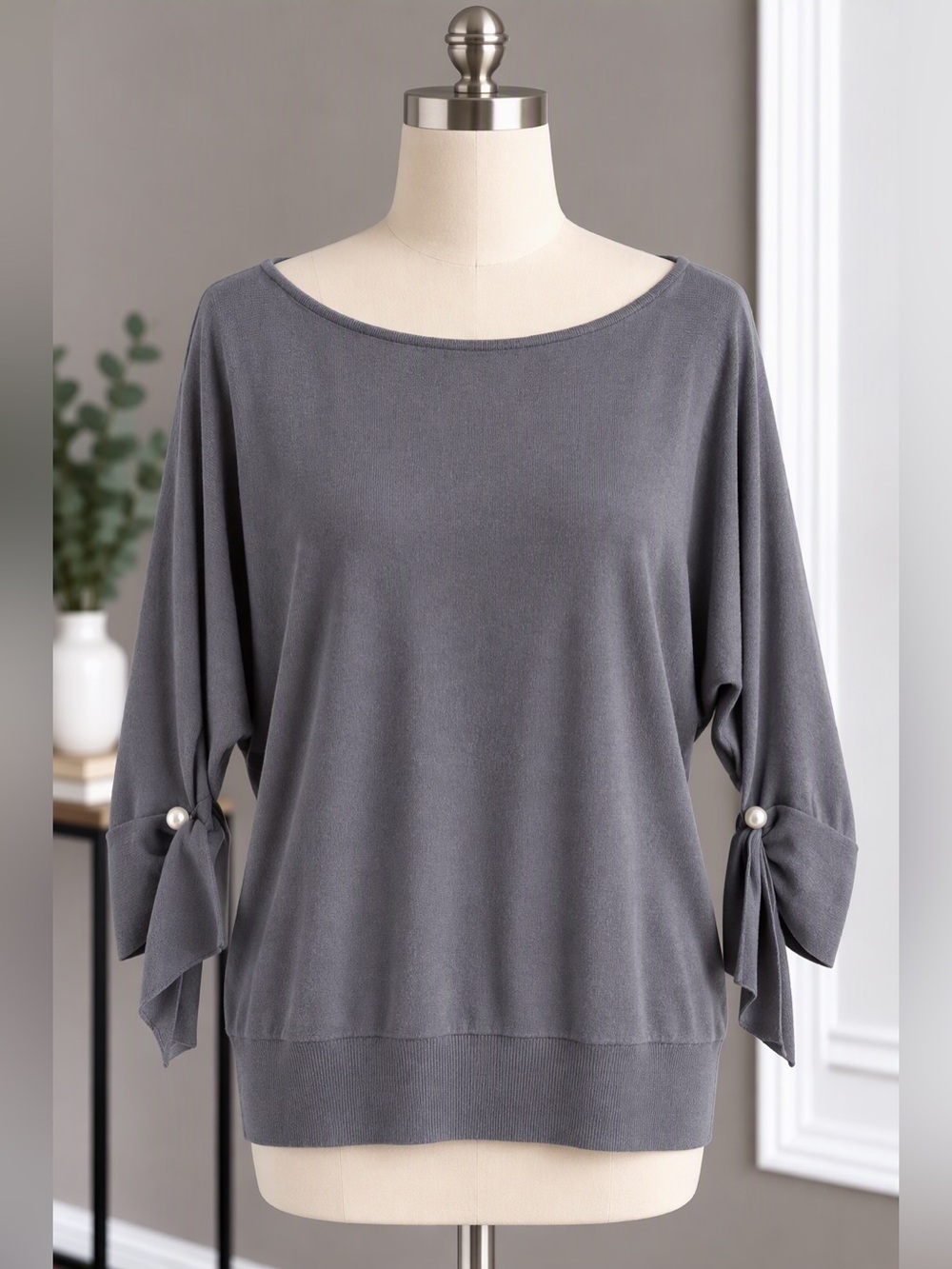 New York & Company Gray Batwing Sweater Pearl Button Sleeve Top